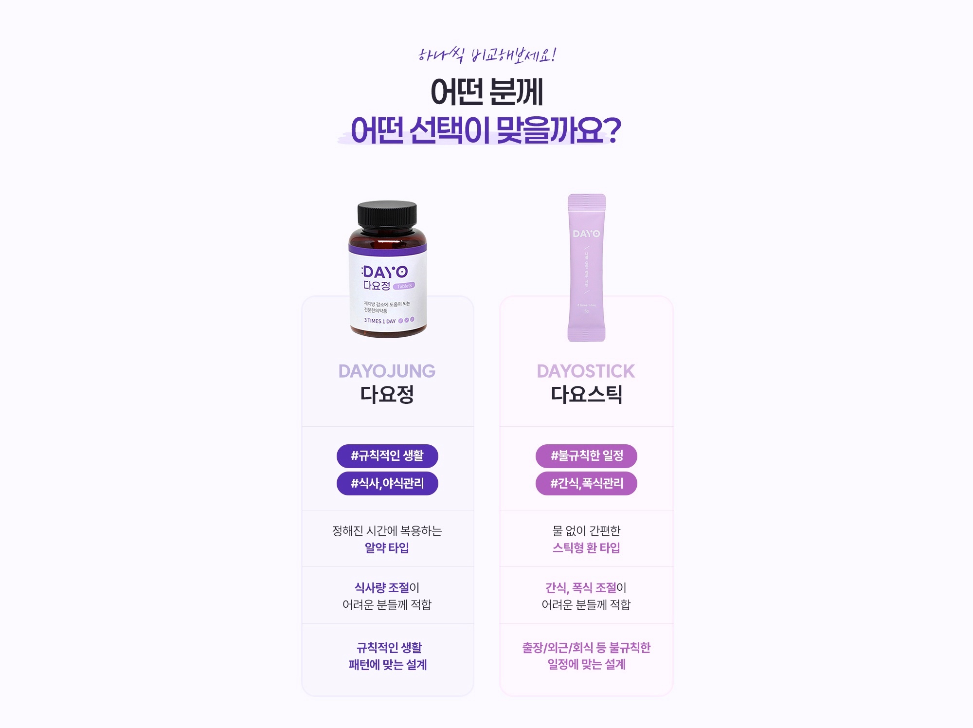 다요정 정제 타입과 다요스틱 스틱형 타입 비교표, 생활 패턴별 추천