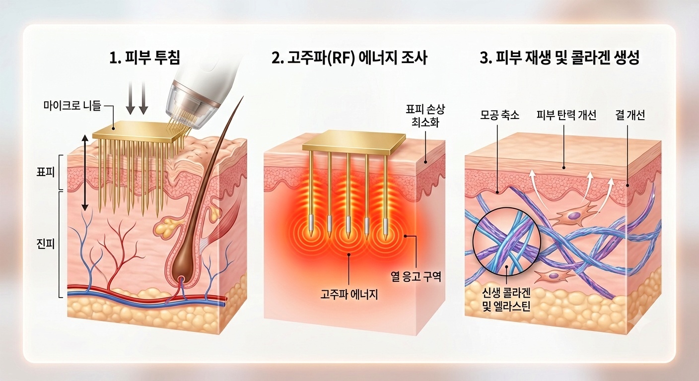 	고주파 마이크로니들 시술 원리 - 피부 투침, RF 에너지 조사, 콜라겐 생성 단계