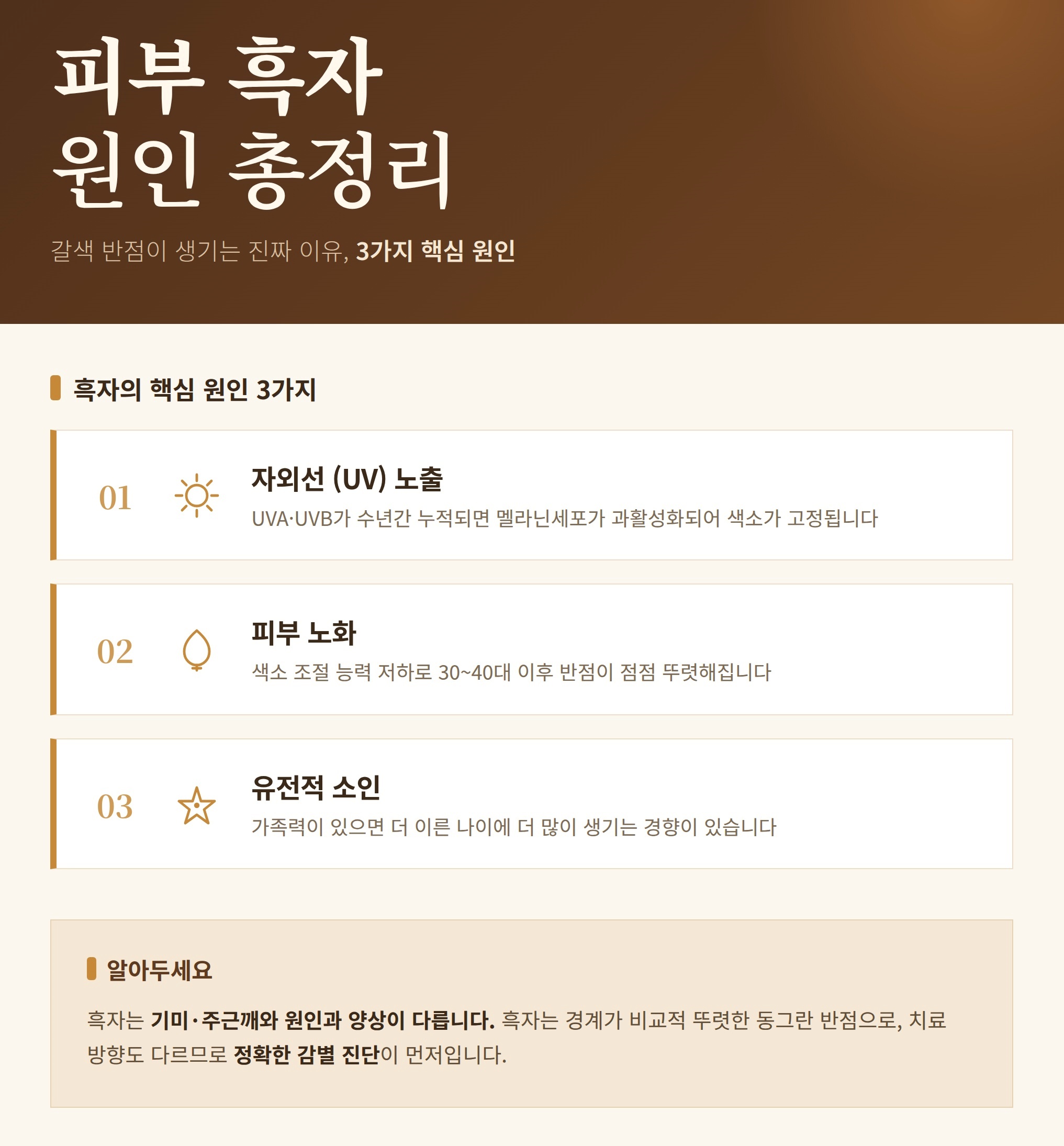 피부 흑자 발생 원인 3가지(자외선, 노화, 유전) 및 기미·주근깨 차이점 안내